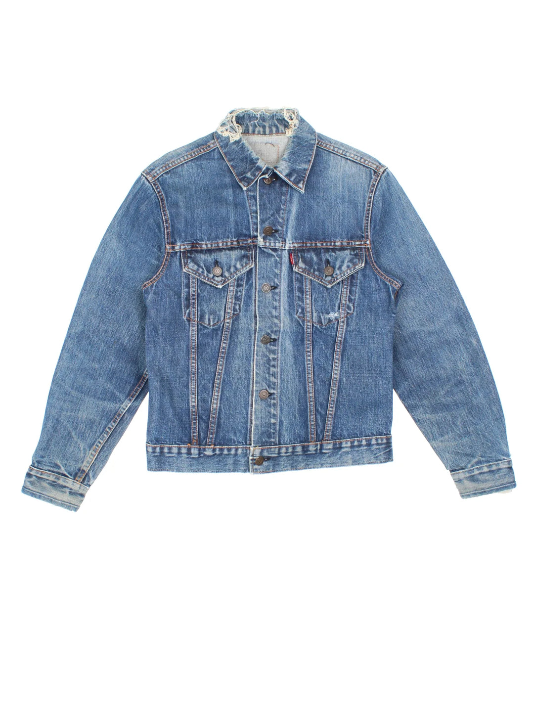 Vintage Levi Strauss Denim Jacket in a blue colourway. Buttons up and has double chest pockets, and the logo tab embroidered on the front.