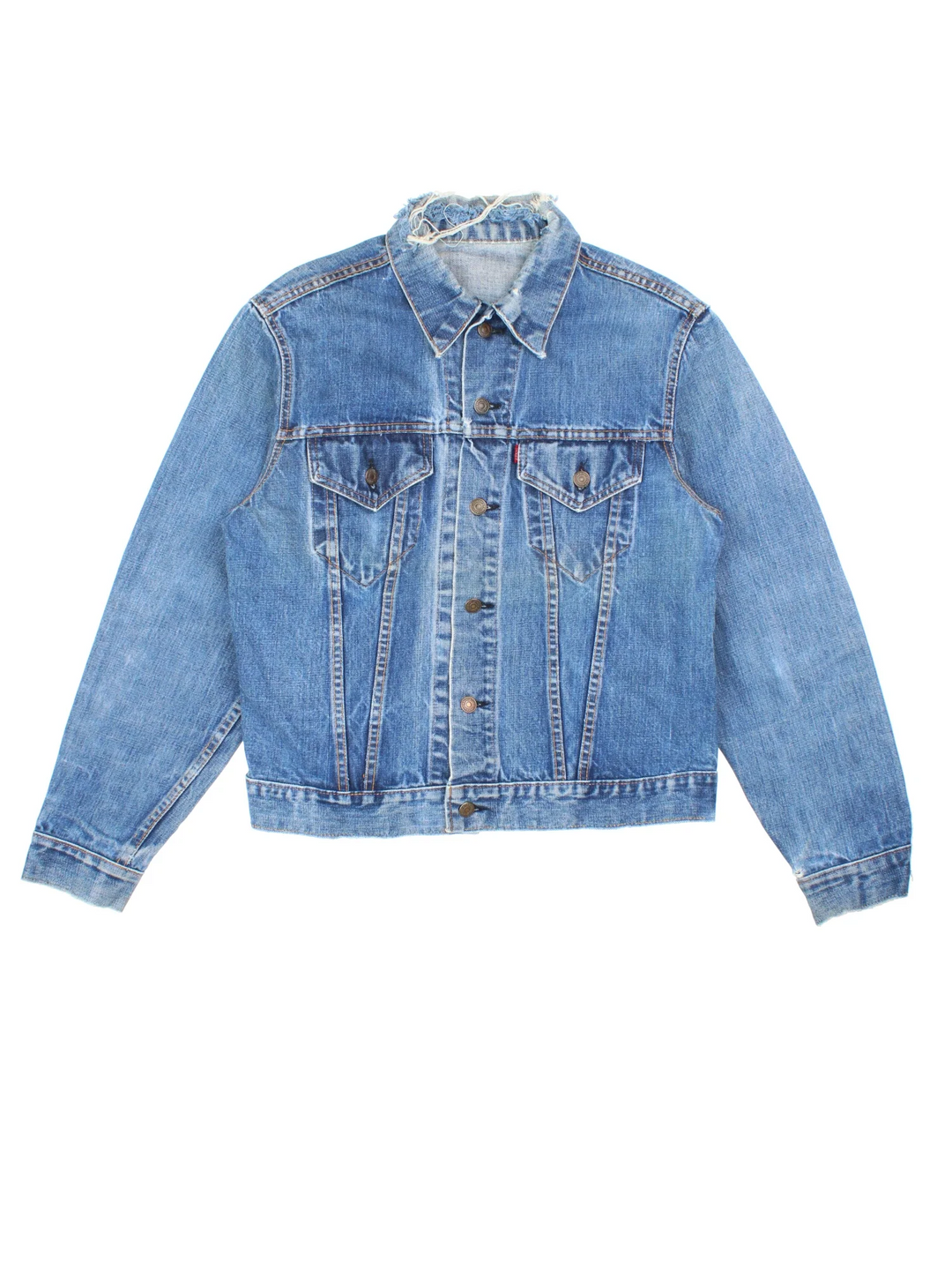 Vintage Levi Strauss Denim Jacket in a blue colourway. Buttons up and has double chest pockets, and the logo tab embroidered on the front.