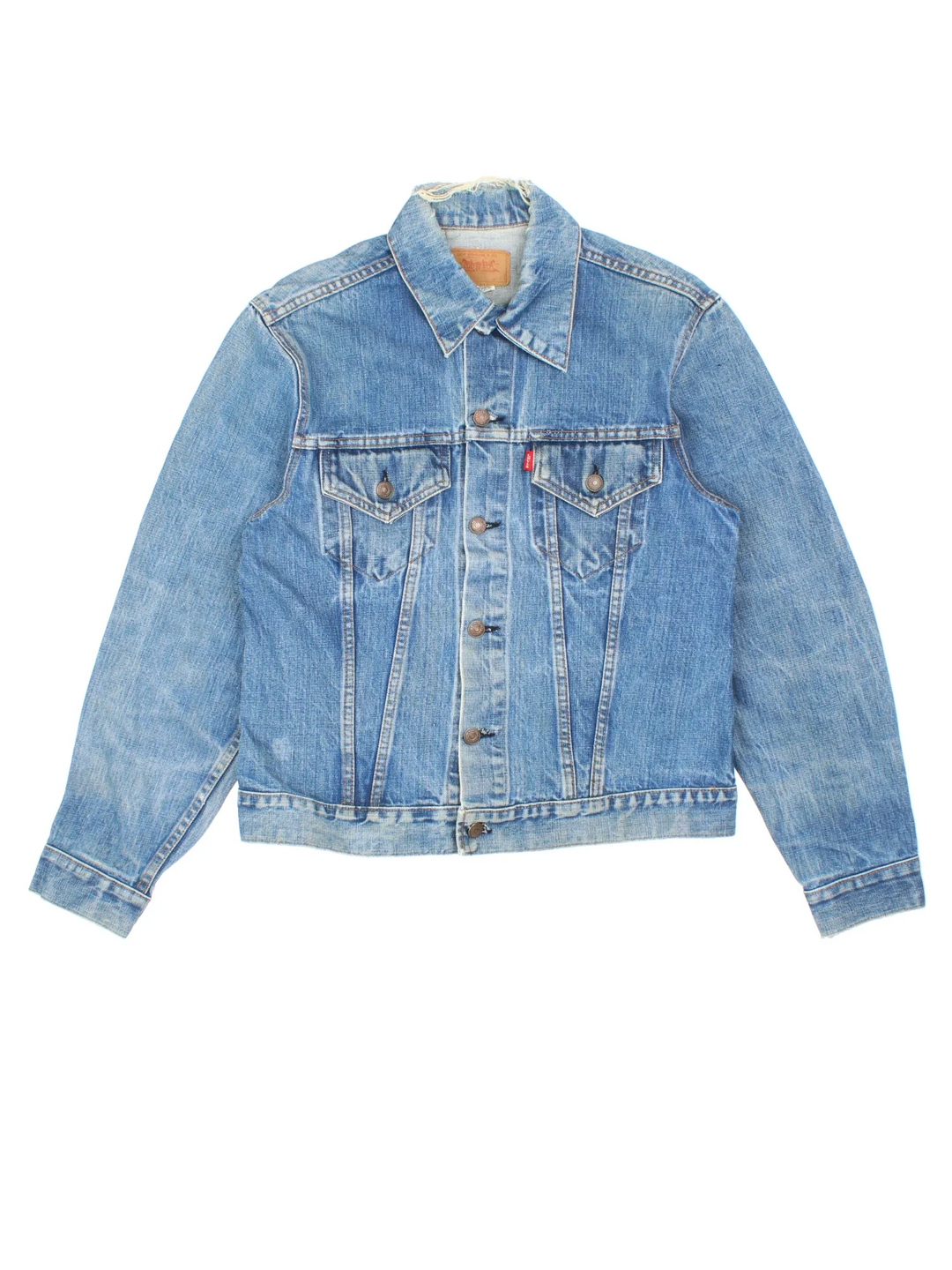 Vintage Levi Strauss Denim Jacket in a blue colourway. Buttons up and has double chest pockets, and the logo tab embroidered on the front.