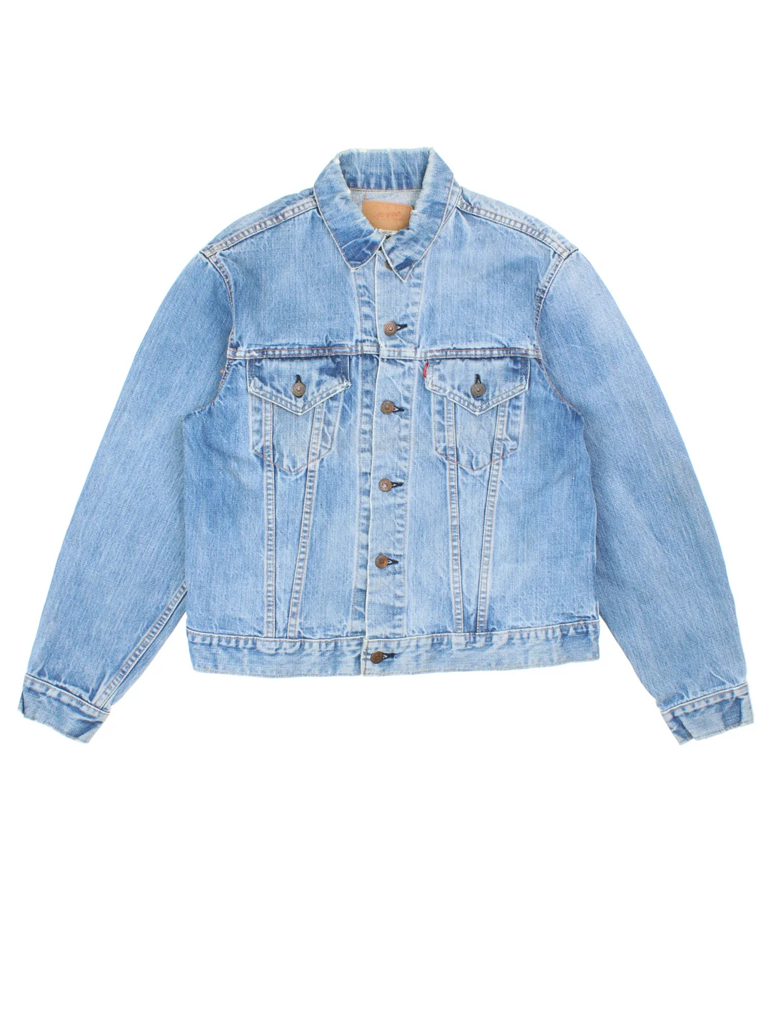 Vintage Levi Strauss Denim Jacket in a blue colourway. Buttons up and has double chest pockets, and the logo tab embroidered on the front.