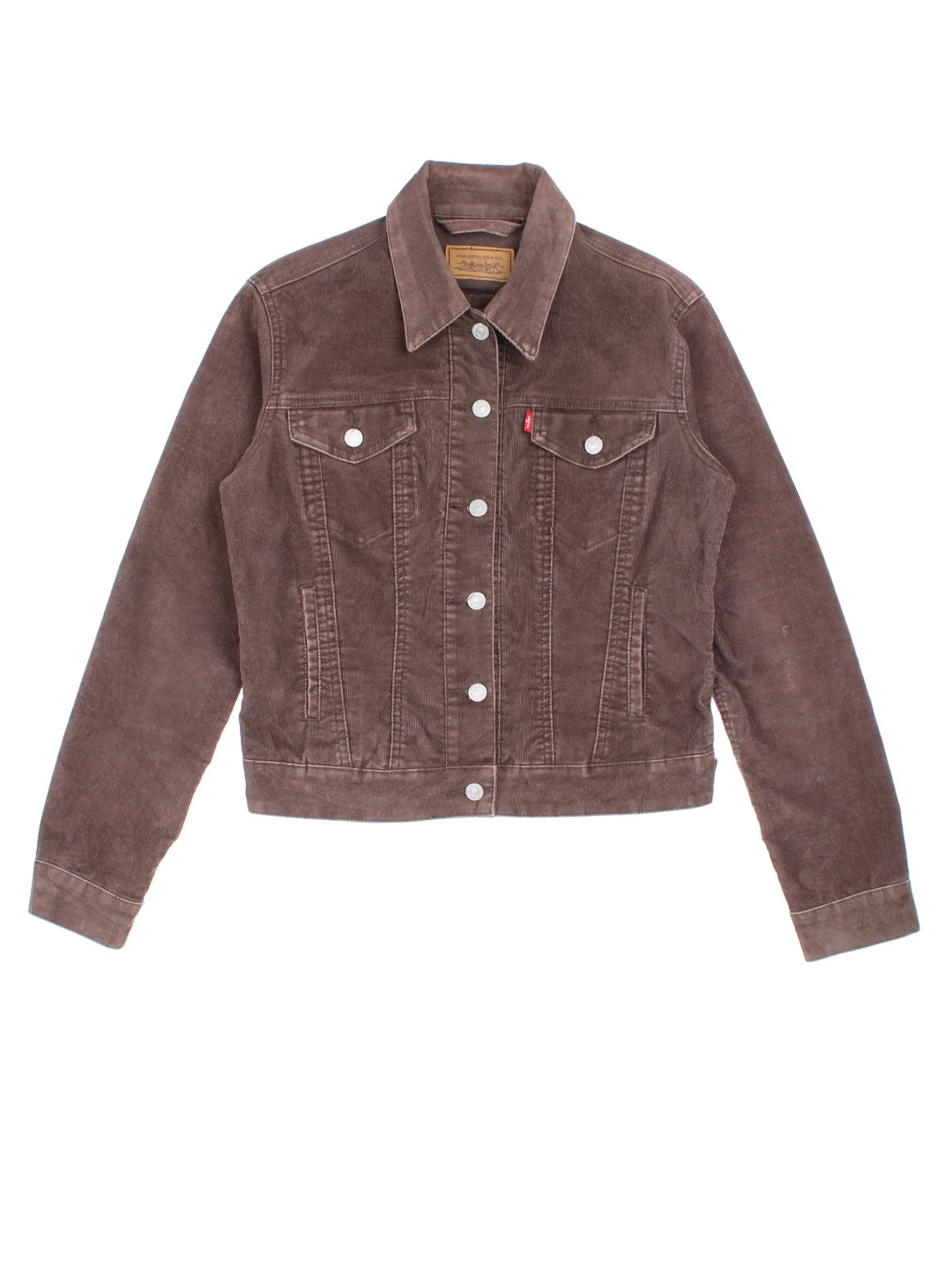 Levi Strauss Corduroy Jacket in a brown colourway. Buttons up and has multiple pockets, and the logo tab embroidered on the front.