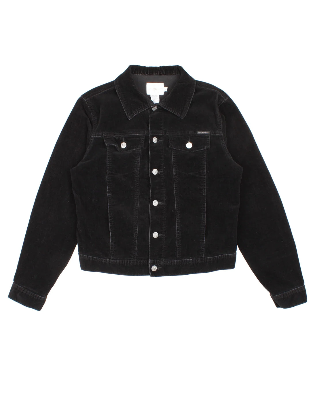 Calvin Klein Corduroy Jacket in a black colourway. Buttons up and has multiple pockets, and the logo tab embroidered on the front.