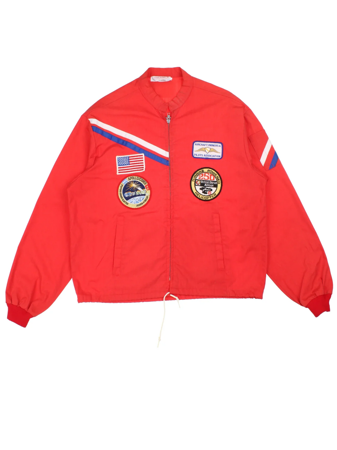Vintage 70's Flight Bomber Jacket in a red colourway with stripe detailing. Zips up and has side pockets, and badges embroidered on the front.