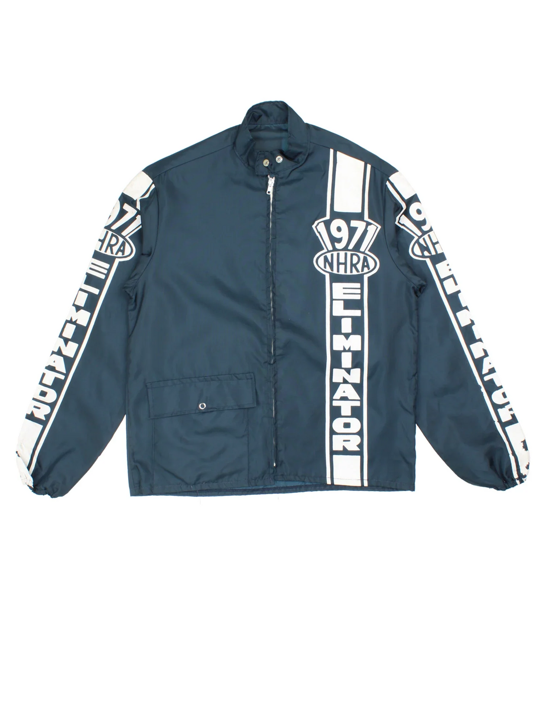 Vintage 1971 NHRA Eliminator Racing Nylon Jacket in a blue colourway. Zips up and has side pockets, and the logo embroidered on the front.