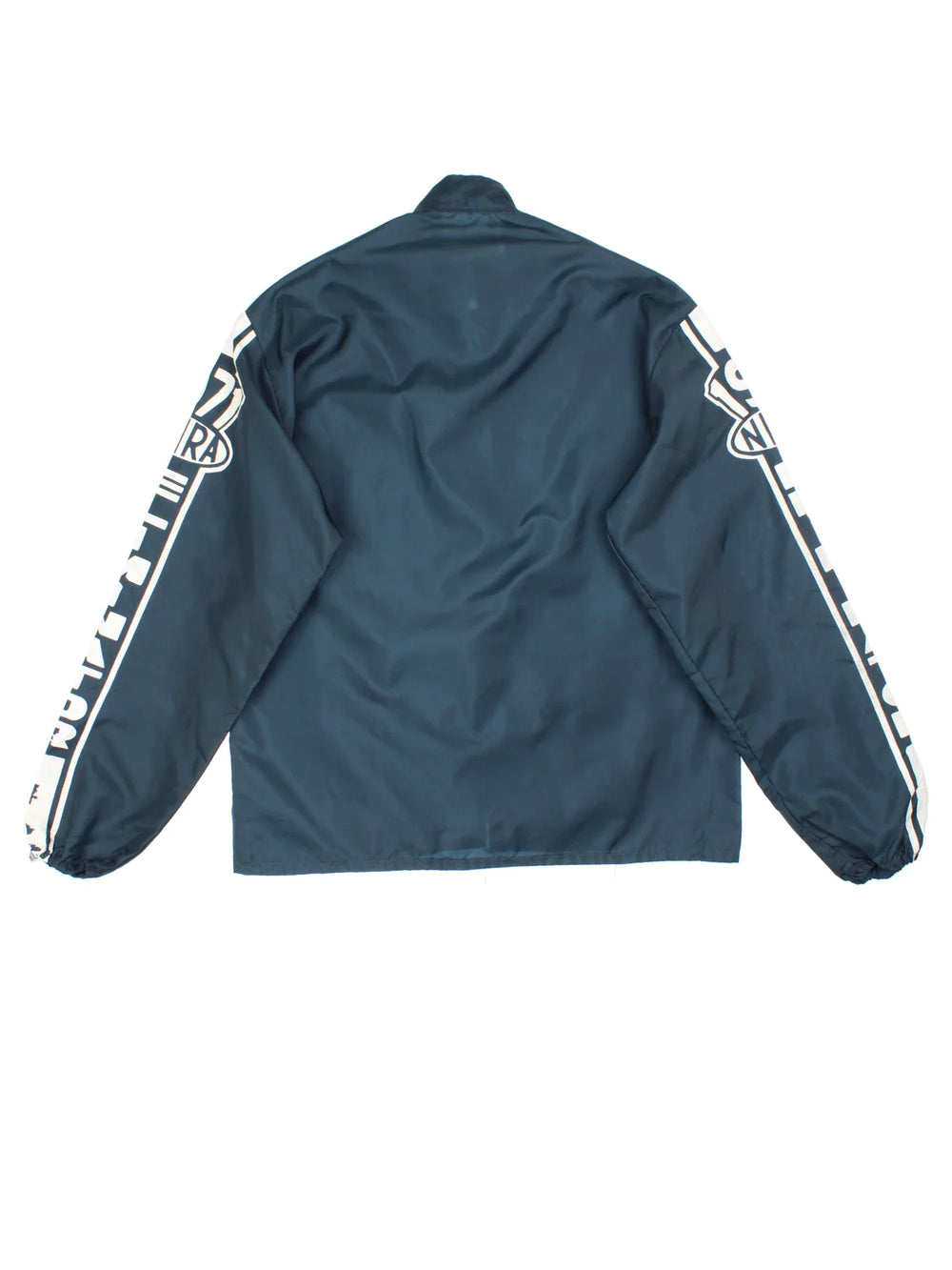 Vintage 1971 NHRA Eliminator Racing Nylon Jacket in a blue colourway. Zips up and has side pockets, and the logo embroidered on the front.