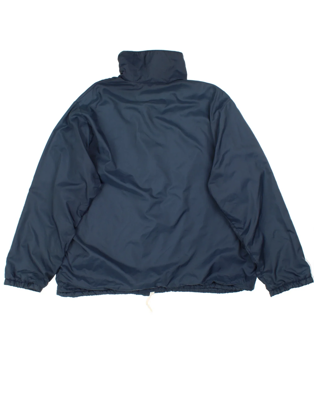 Vintage Woolrich Windbreaker Jacket in a navy blue colourway. Zips up and has side pockets, and a big collar.