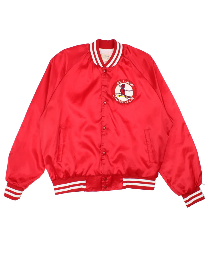 90's St Louis Cardinals MLB Chalk Line Varsity Jacket in a red colourway. Buttons up and has side pockets, and the team logo embroidered on the front.