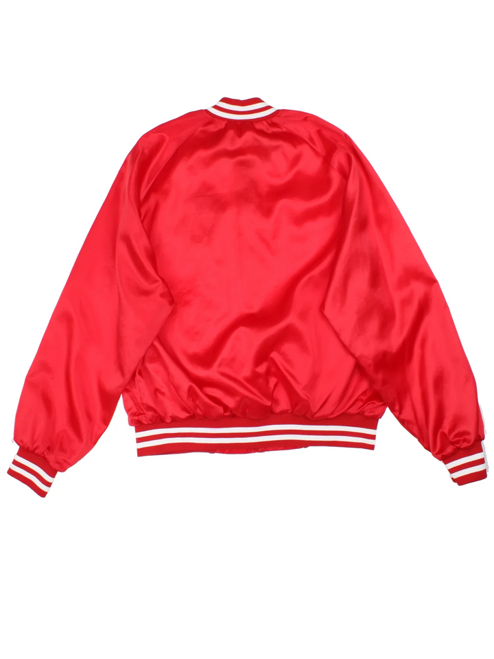 90's St Louis Cardinals MLB Chalk Line Varsity Jacket in a red colourway. Buttons up and has side pockets, and the team logo embroidered on the front.