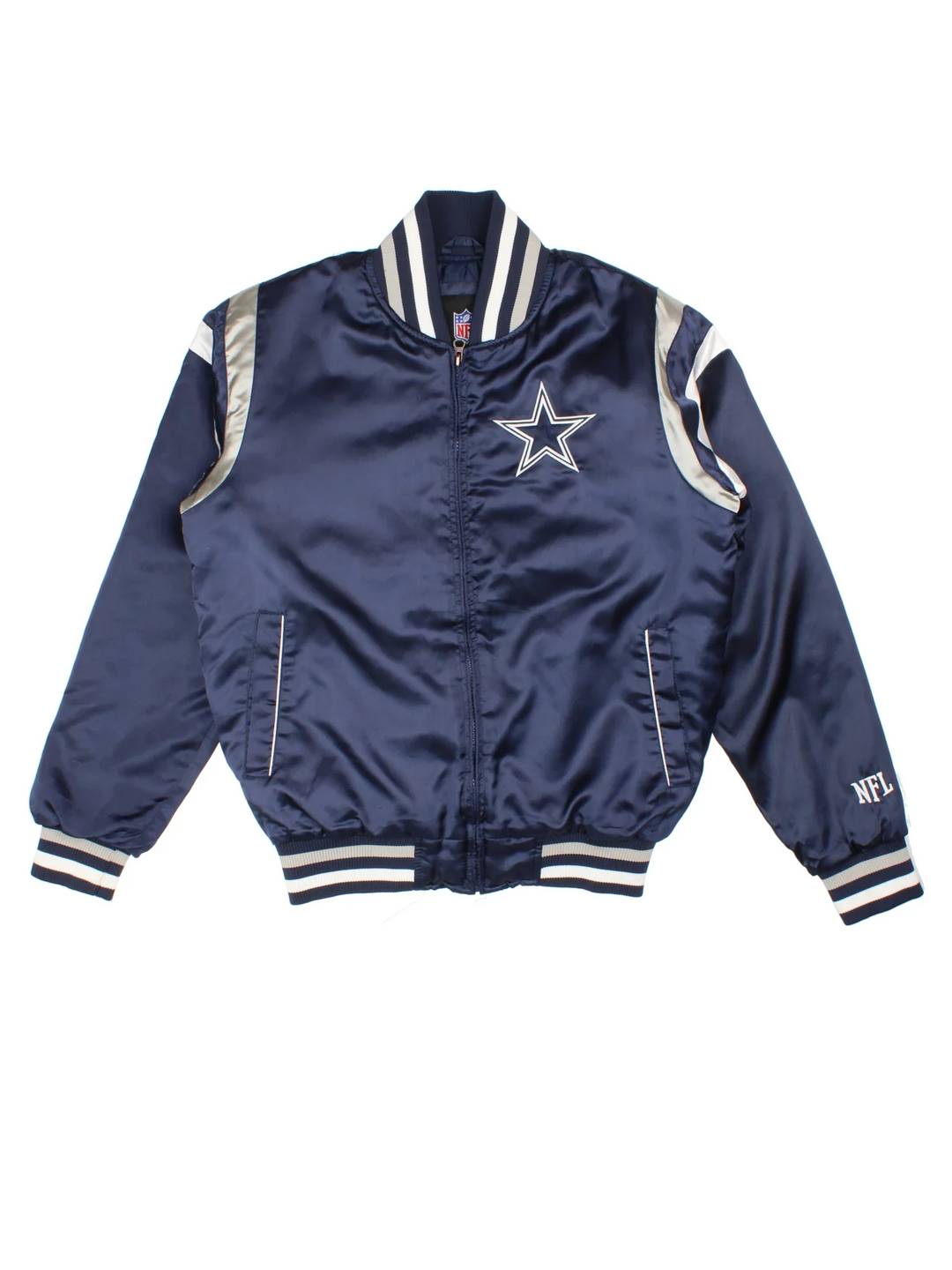 Dallas Cowboys NFL Varsity Jacket in a blue colourway. Zips up and has side pockets, and the team logo/spell out embroidered on the front and back.