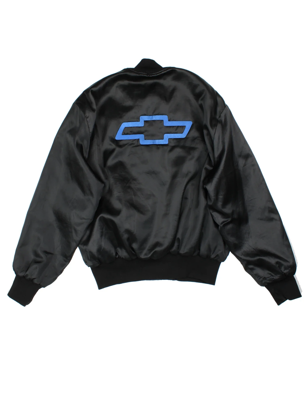 Vintage 90's Chevrolet Varsity Jacket in a black colourway. Zips up and has side pockets, and the logo embroidered on the front/back.