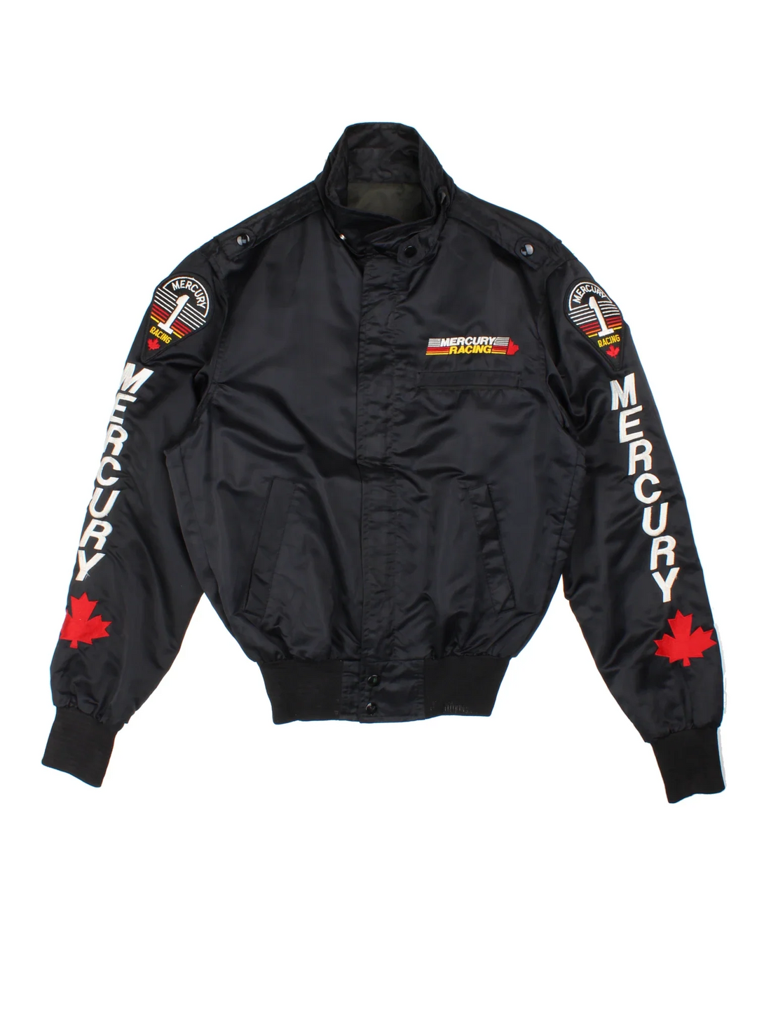 Mercury Racing Nascar Jacket in a black colourway. Zips up and has multiple pockets, and the logo / spell out embroidered on the front and sleeves.