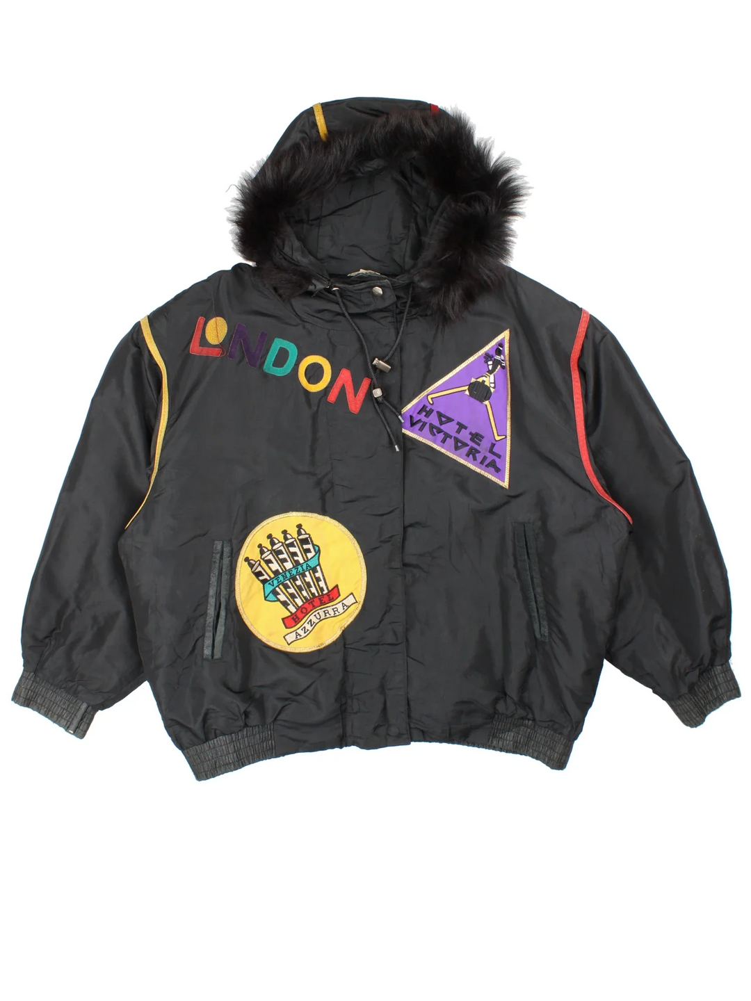 Vintage J. Percy Marvin Richard Patch Street Jacket in a black colourway. Zip and button up closure, has side pockets, and the street patch badges embroidered all over.