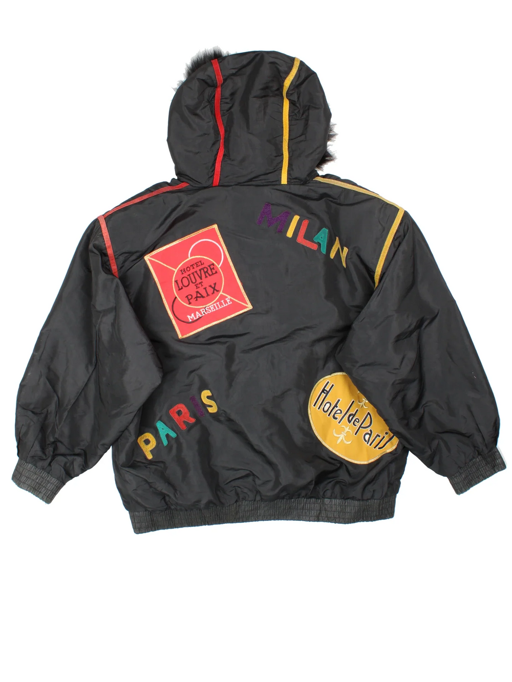 Vintage J. Percy Marvin Richard Patch Street Jacket in a black colourway. Zip and button up closure, has side pockets, and the street patch badges embroidered all over.