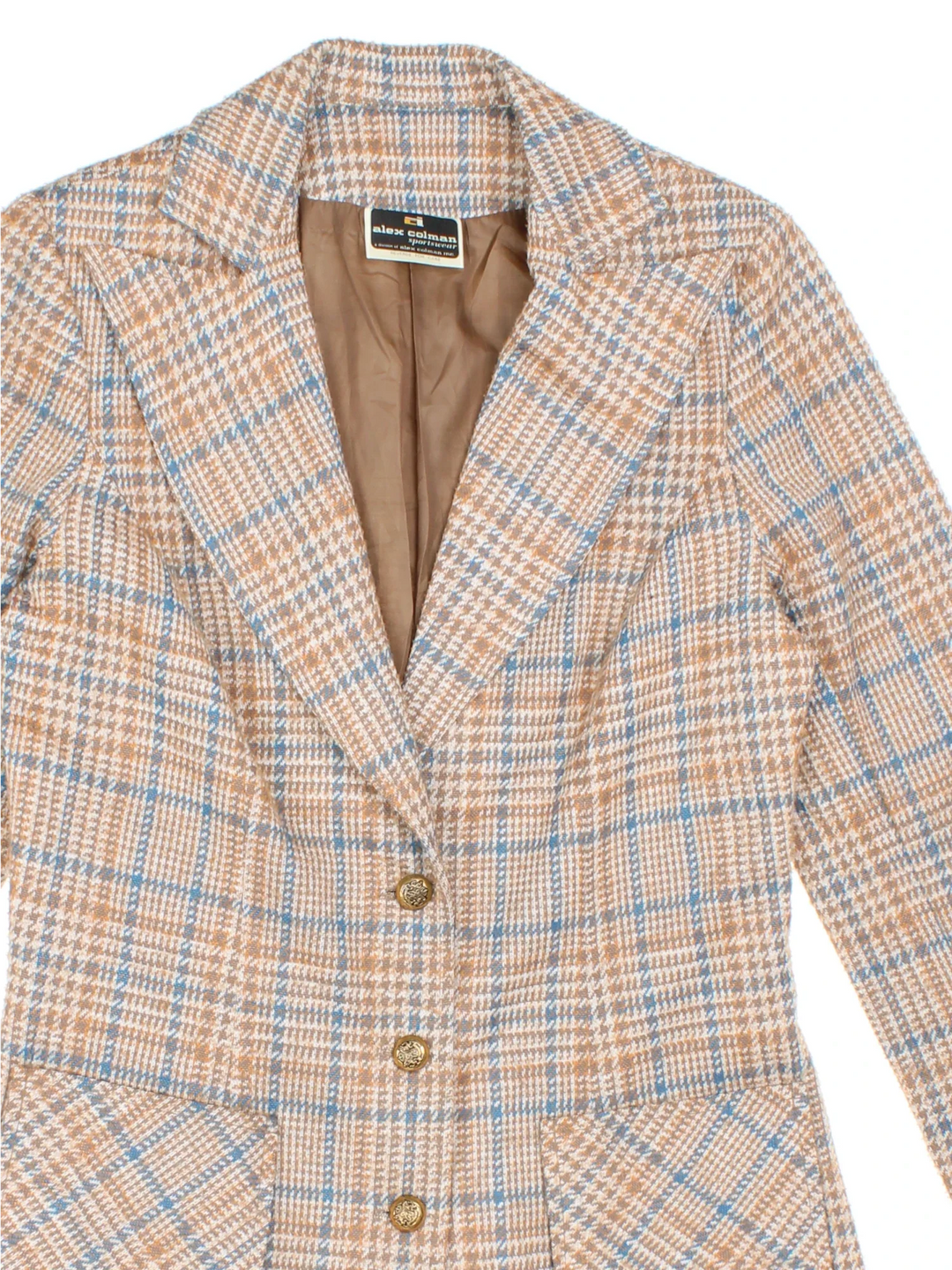 Vintage 80's Alex Colman Wool Blazer in a tan colourway. Buttons up and has front patch pockets, fully lined.