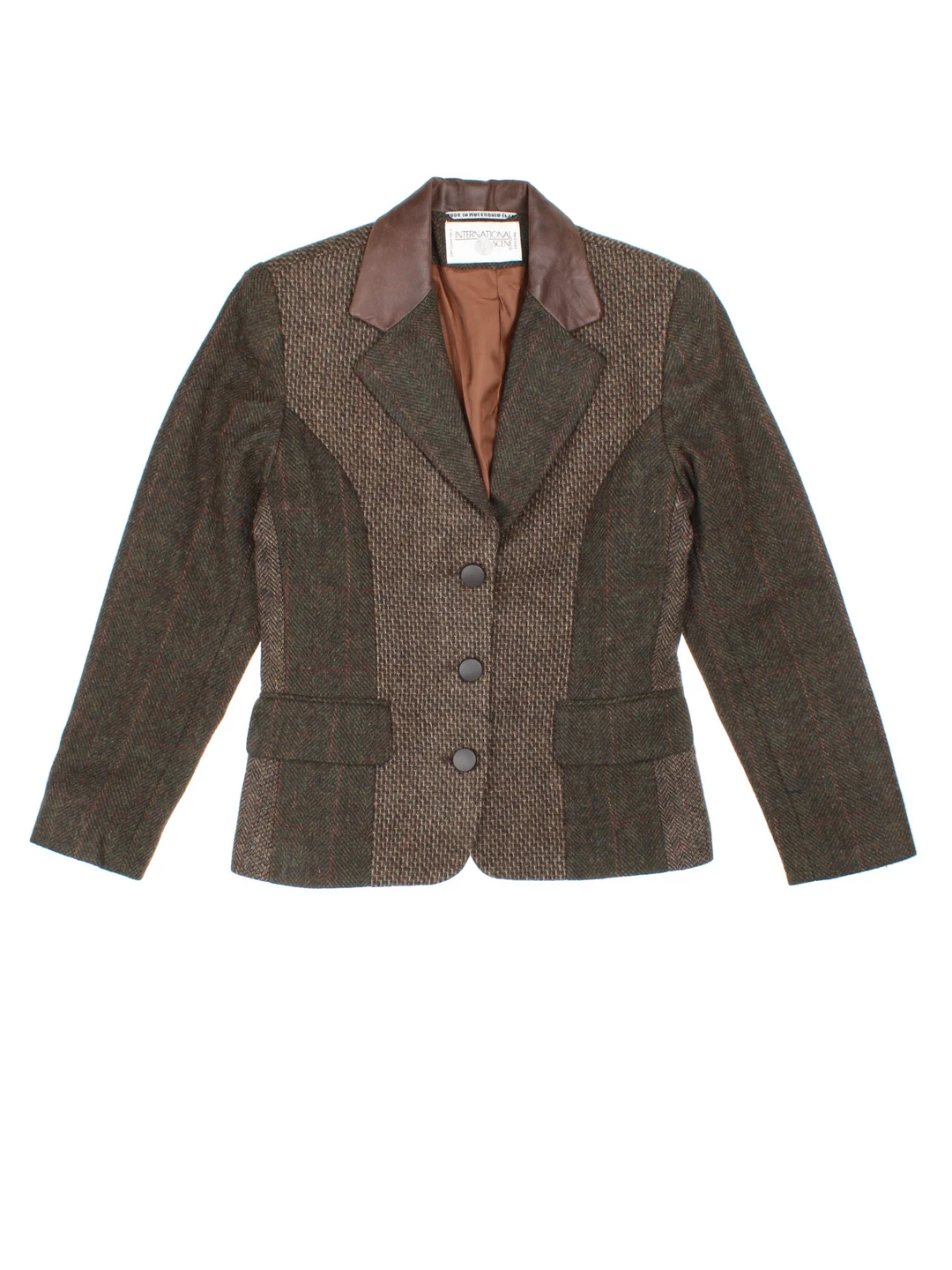 Vintage Tweed Blazer in a brown colourway. Buttons up, front patch pockets and leather collar, fully lined.