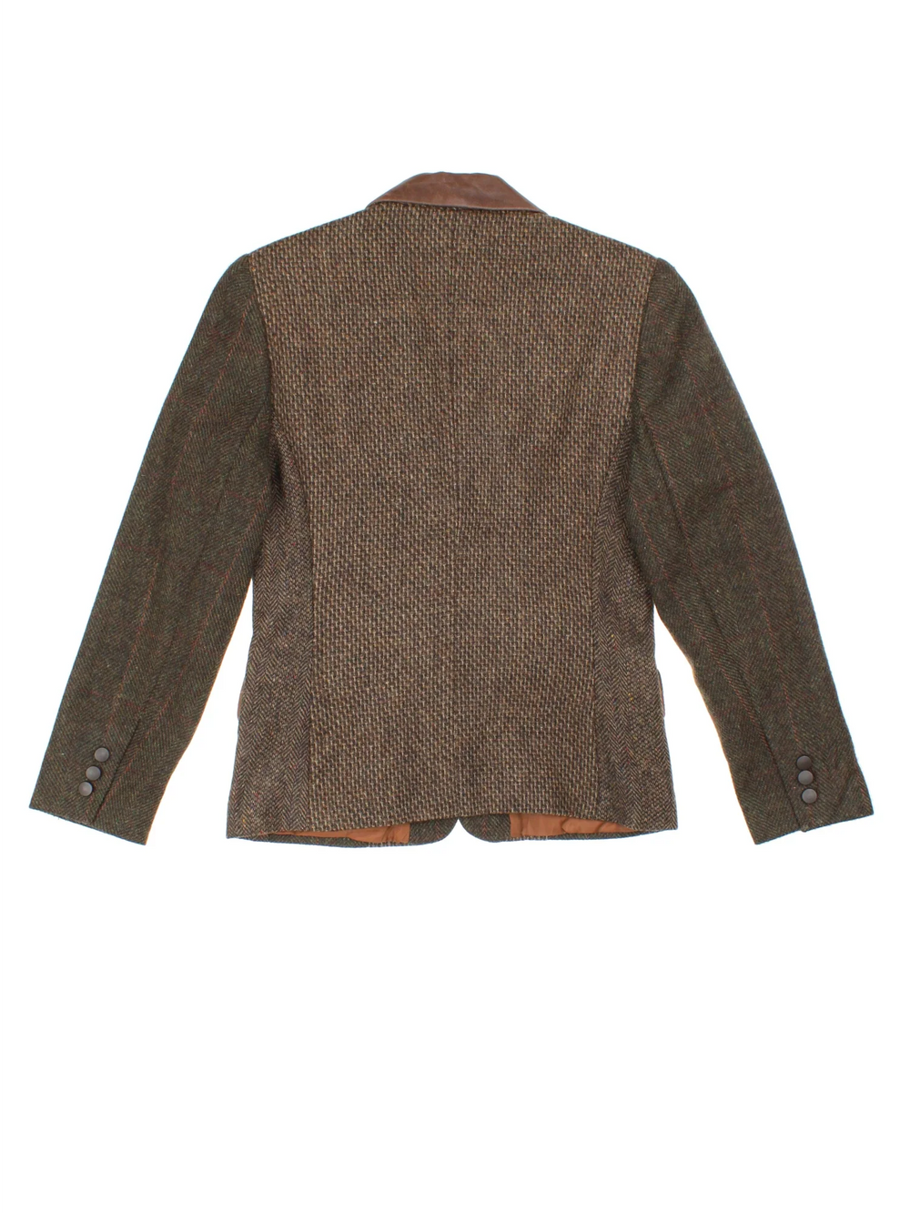 Vintage Tweed Blazer in a brown colourway. Buttons up, front patch pockets and leather collar, fully lined.