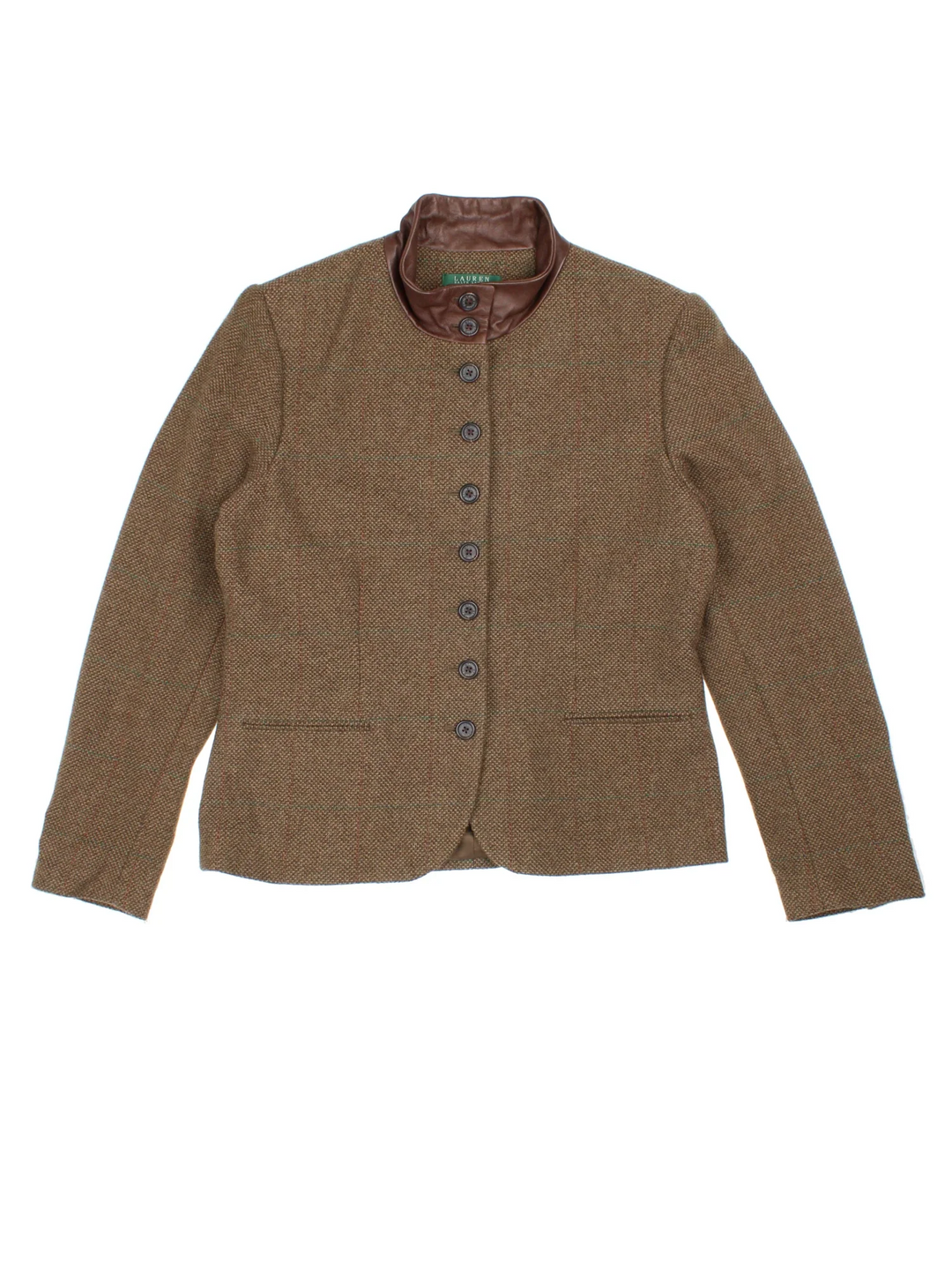 Ralph Lauren Tweed Blazer in a brown colourway. Buttons up, front pockets and leather collar, fully lined.