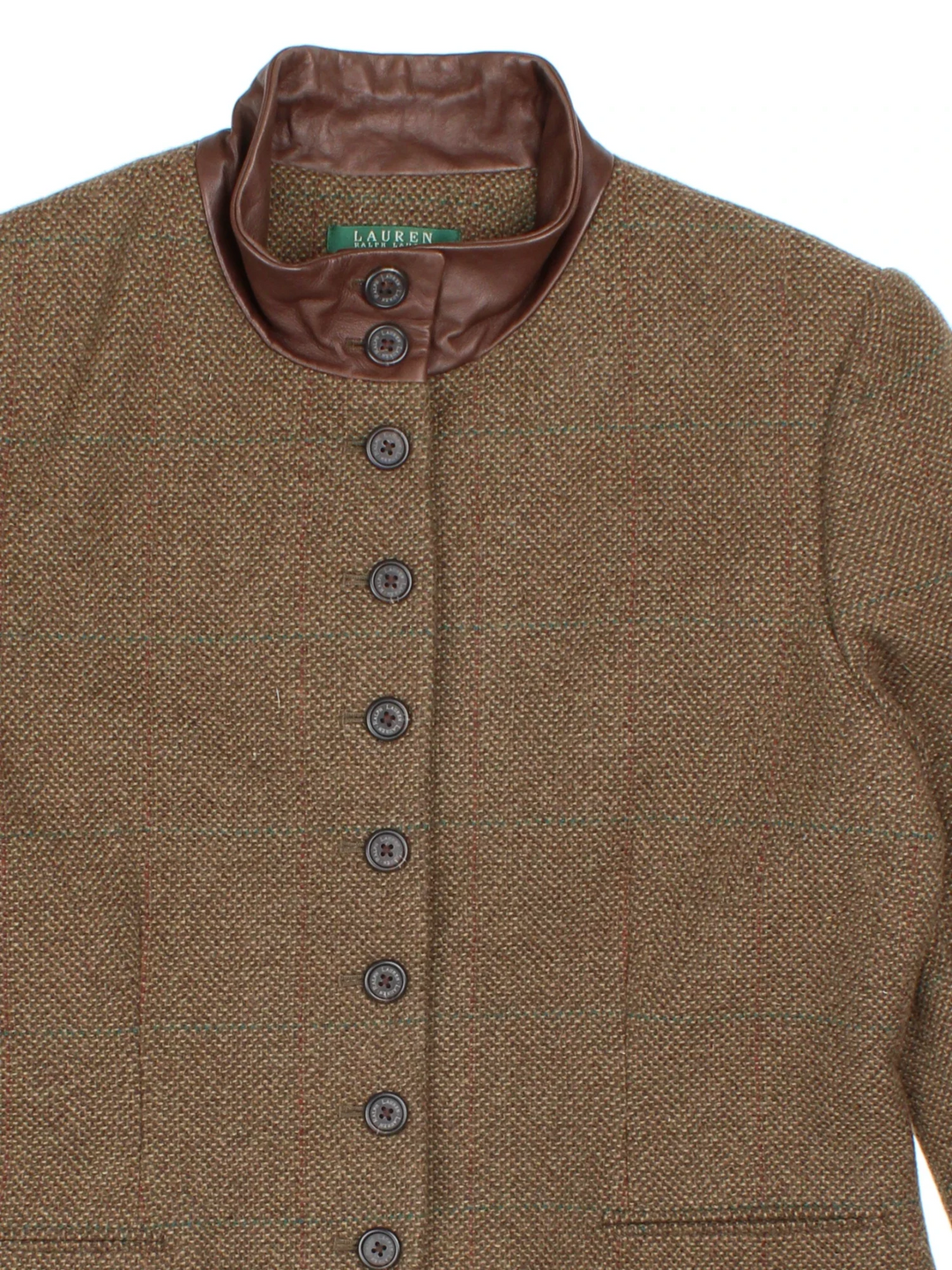 Ralph Lauren Tweed Blazer in a brown colourway. Buttons up, front pockets and leather collar, fully lined.