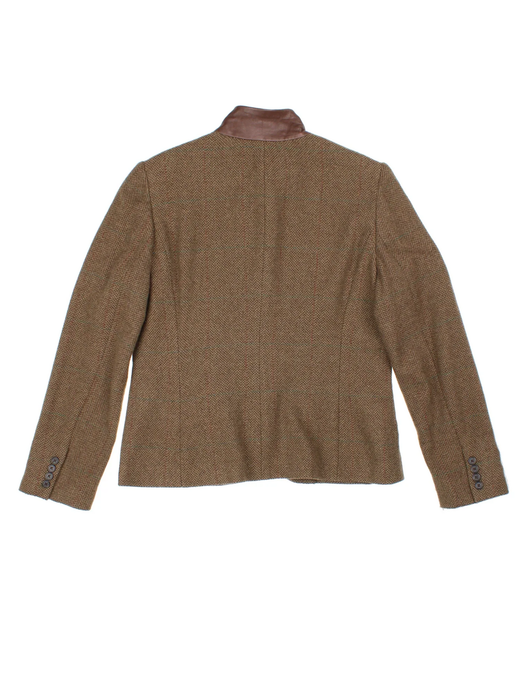 Ralph Lauren Tweed Blazer in a brown colourway. Buttons up, front pockets and leather collar, fully lined.