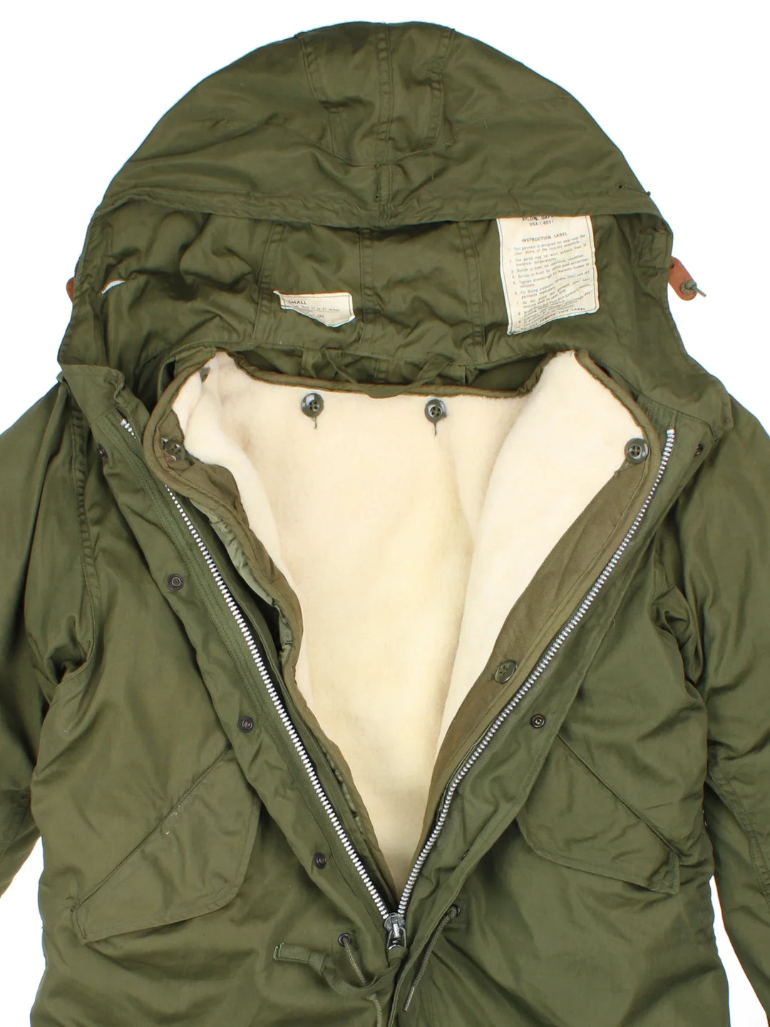 Vintage 2 in 1 Parka in a green colourway. Hooded, with zip up fastening, side pockets and removable sheep skin lining.