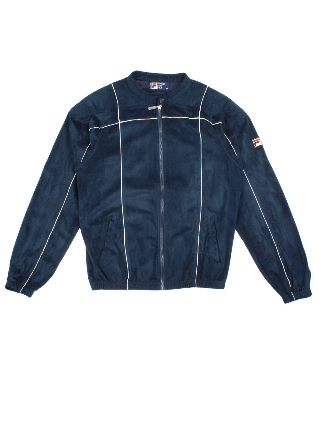 Vintage Fila Velour Track Top in a blue colourway. Zips up and has side pockets, contrast piping and logo embroidered on the sleeve