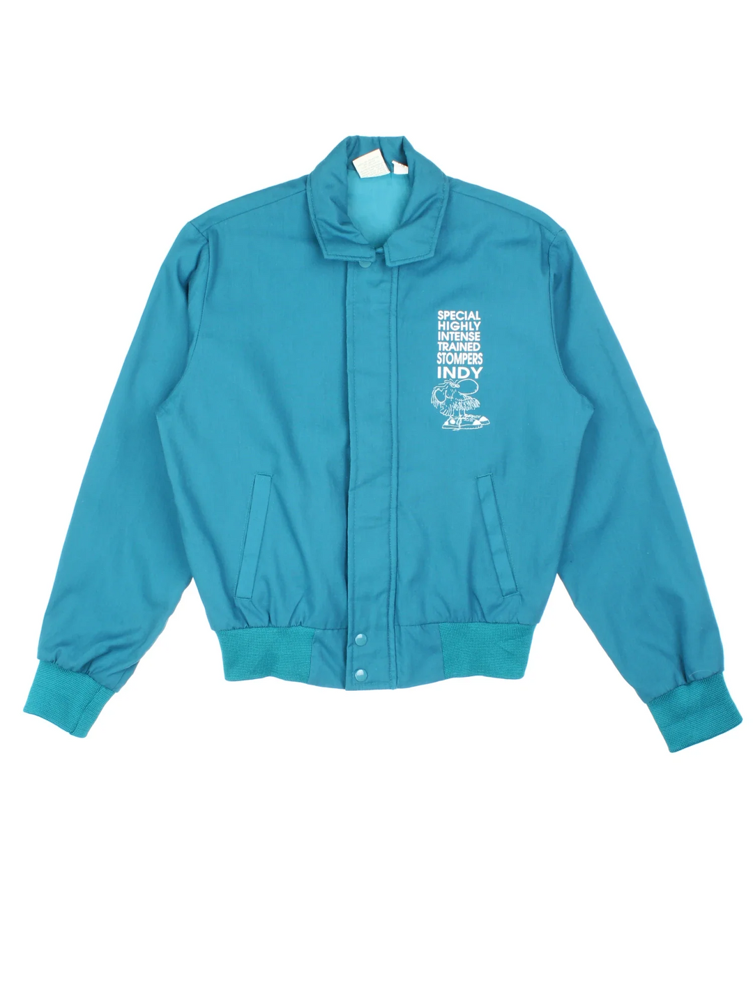 Vintage The Stompers Harrington Jacket in a blue colourway. Zips up and has side pockets, elasticated collar/cuffs and printed spell out / graphic on the front and back