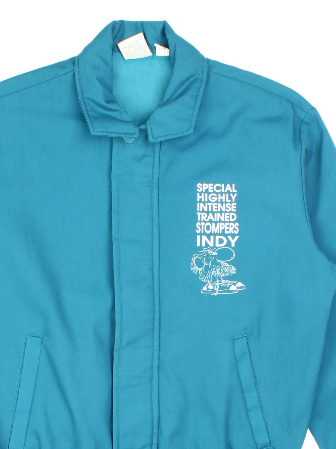 Vintage The Stompers Harrington Jacket in a blue colourway. Zips up and has side pockets, elasticated collar/cuffs and printed spell out / graphic on the front and back