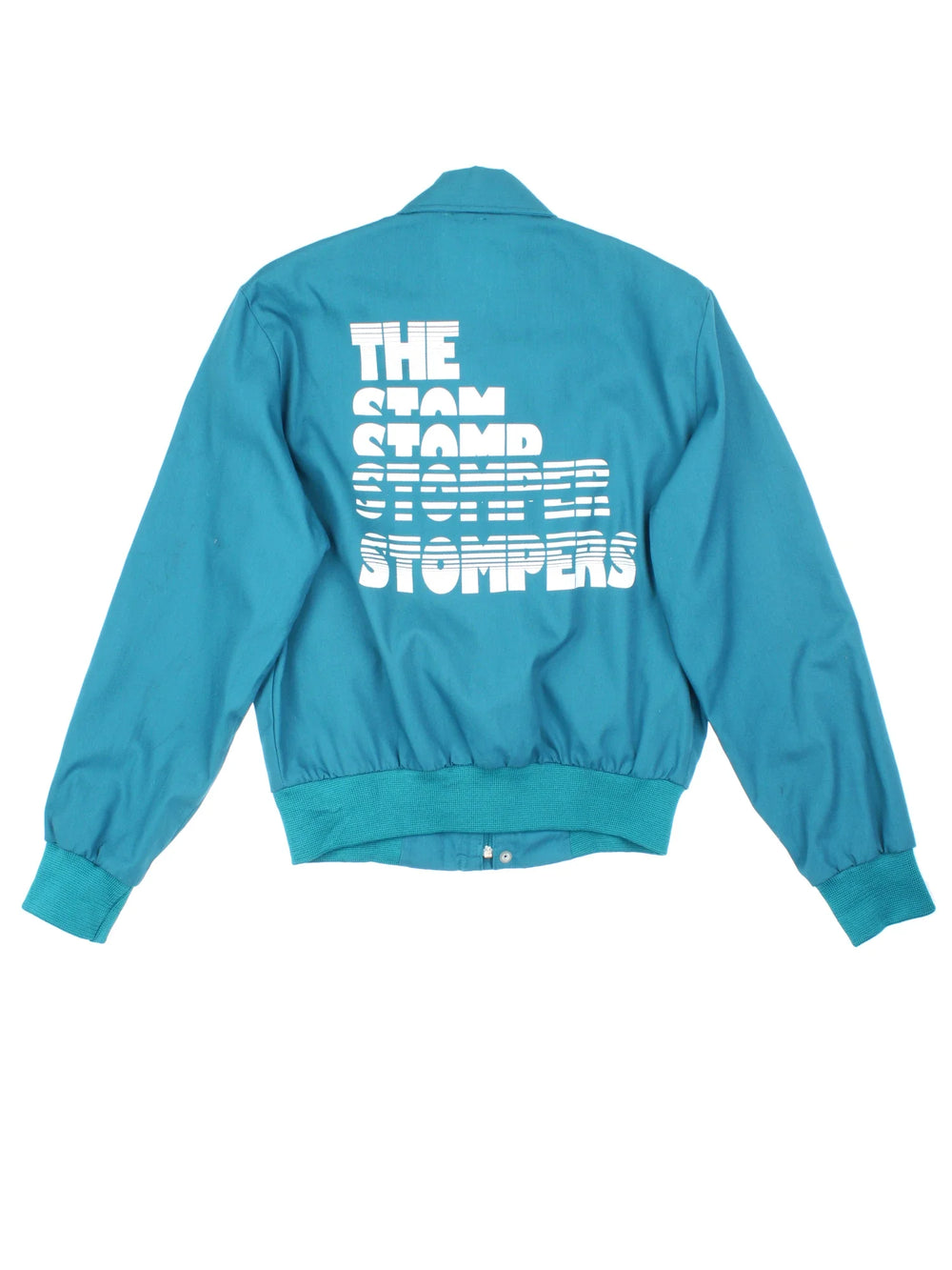 Vintage The Stompers Harrington Jacket in a blue colourway. Zips up and has side pockets, elasticated collar/cuffs and printed spell out / graphic on the front and back