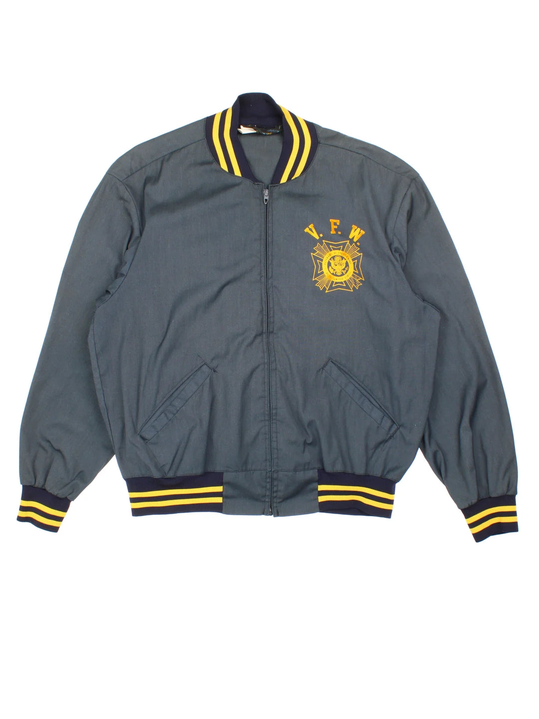 Vintage Veterans Of Foregin War Varsity Jacket in a blue colourway. Zips up and has side pockets, elasticated collar/cuffs and printed graphics on the front.