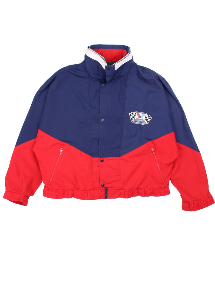 Vintage 90's Valvoline Racing Jacket in a blue/red colourway. Zips up with poppers and has side pockets, elasticated collar/cuffs and embroidered branding on the front.