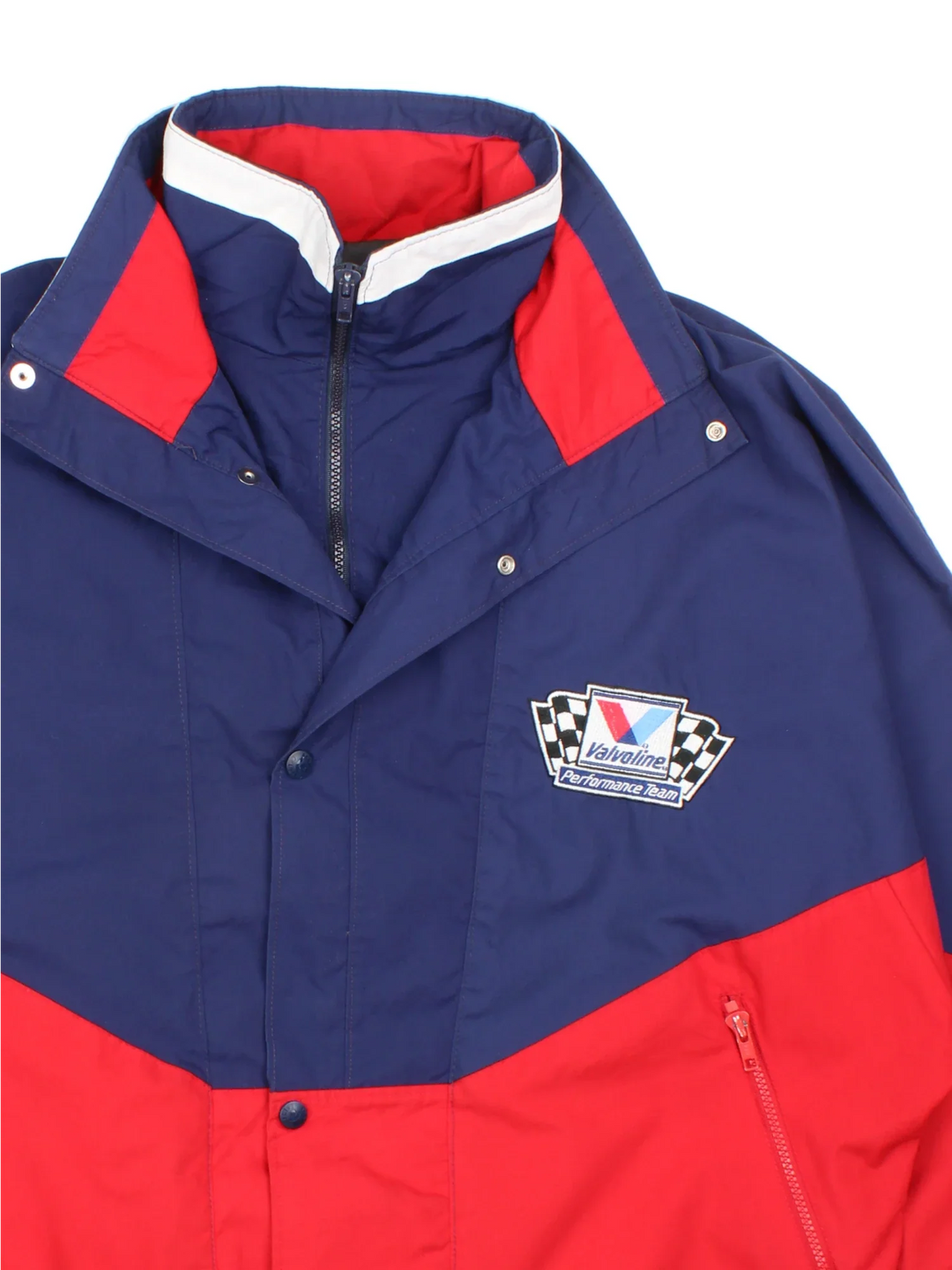 Vintage 90's Valvoline Racing Jacket in a blue/red colourway. Zips up with poppers and has side pockets, elasticated collar/cuffs and embroidered branding on the front.