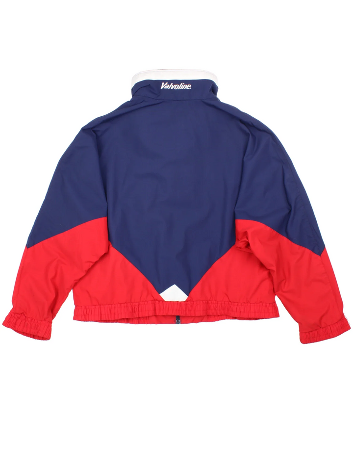 Vintage 90's Valvoline Racing Jacket in a blue/red colourway. Zips up with poppers and has side pockets, elasticated collar/cuffs and embroidered branding on the front.