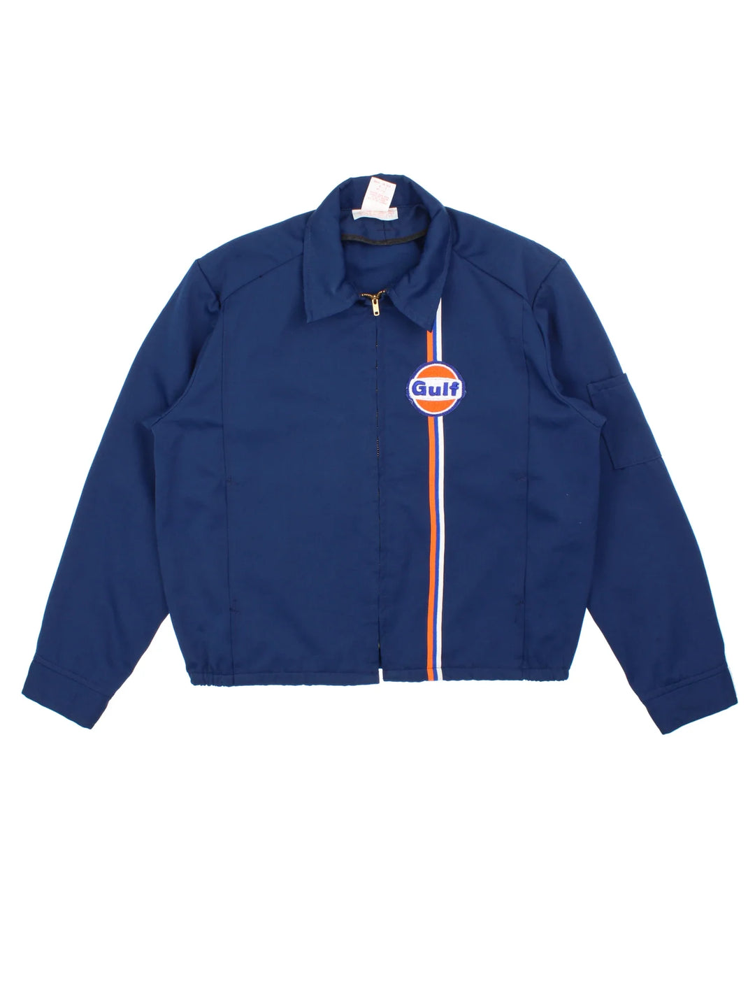 Vintage 70's Gulf Talon Jacket in a blue colourway. Zip fastening and has side pockets, elasticated hem/cuffs and embroidered branding on the front.