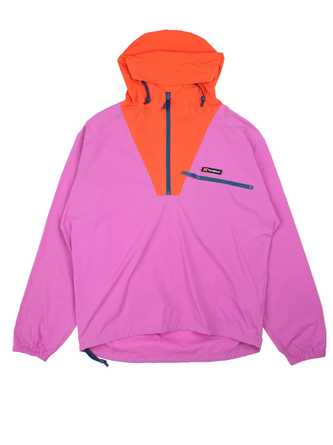 90's Berghaus Half Zip Windbreaker in a pink colourway. 1/2 zip fastening, with hood, zip pocket and embroidered branding.