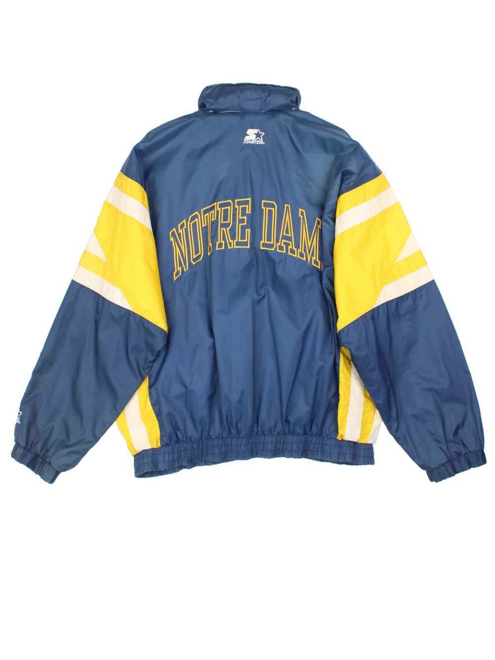 90's Starter Notre Dame Windbreaker Jacket in a blue, yellow and white colourway. Zips up and has side pockets, and has the logo embroidered on the front and spell out on the back.