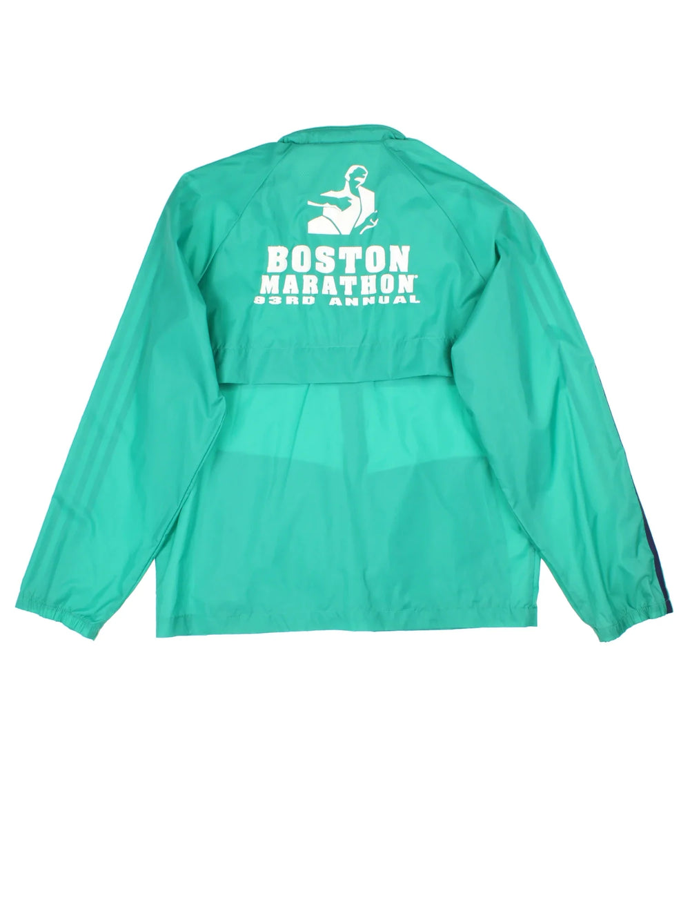 1989 Adidas Boston Marathon Running Jacket in a green colourway. Zips up and has side pockets, and has the logos printed on the front and spell out on the back.
