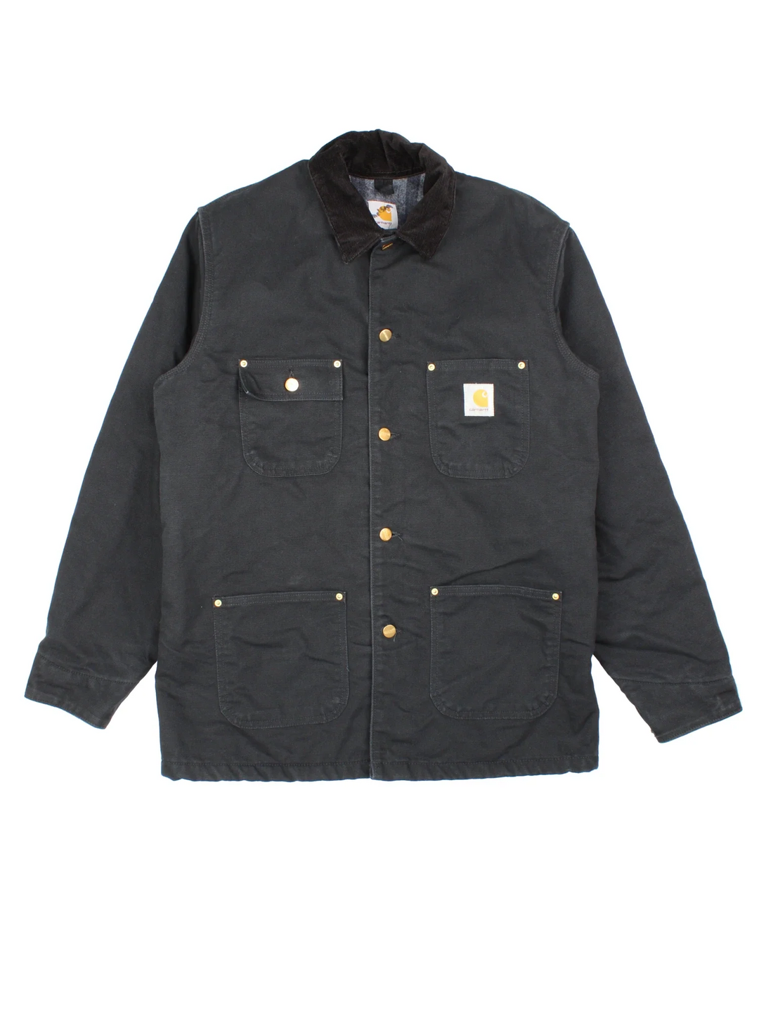 Carhartt Chore Jacket in a black colourway. Buttons up and has multiple pockets, and has the logo embroidered on the front.