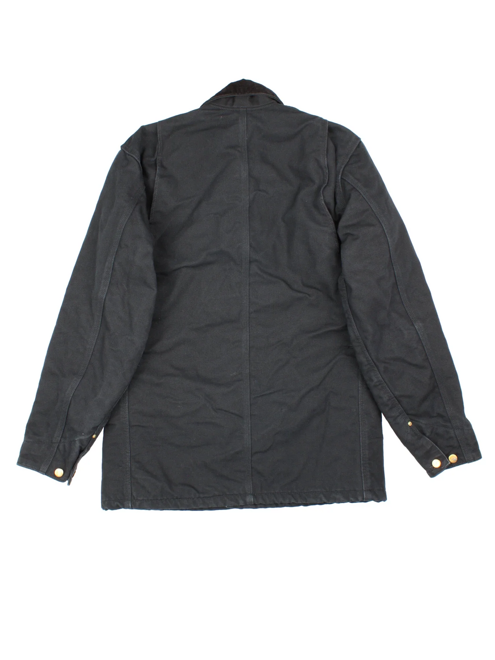 Carhartt Chore Jacket in a black colourway. Buttons up and has multiple pockets, and has the logo embroidered on the front.