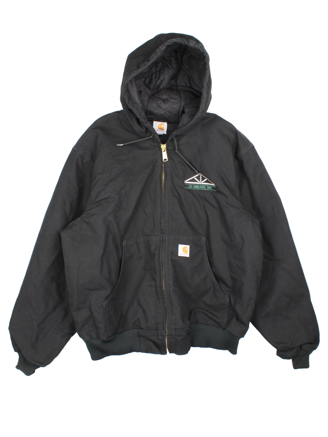Carhartt Active Jacket in a black colourway. Zips up and has side pockets, hooded and has the logo embroidered on the front alongside J.F. Ohloud company logo.