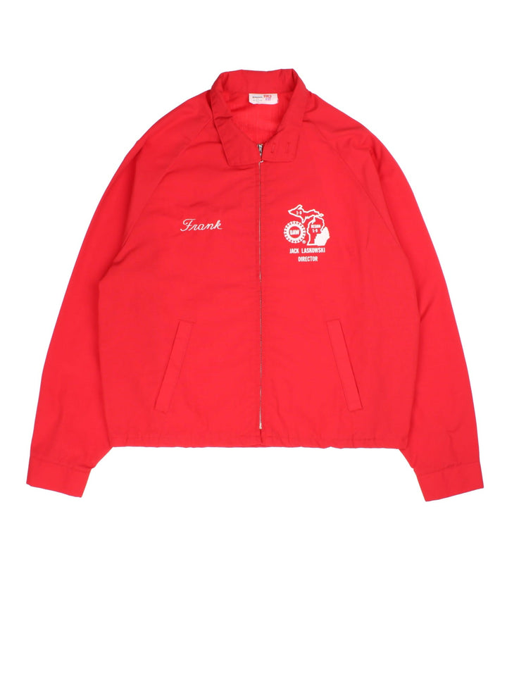 Vintage UAW College Bomber Jacket in a red colourway. Full zip with two front pockets, button cuffs and two small logos on the front