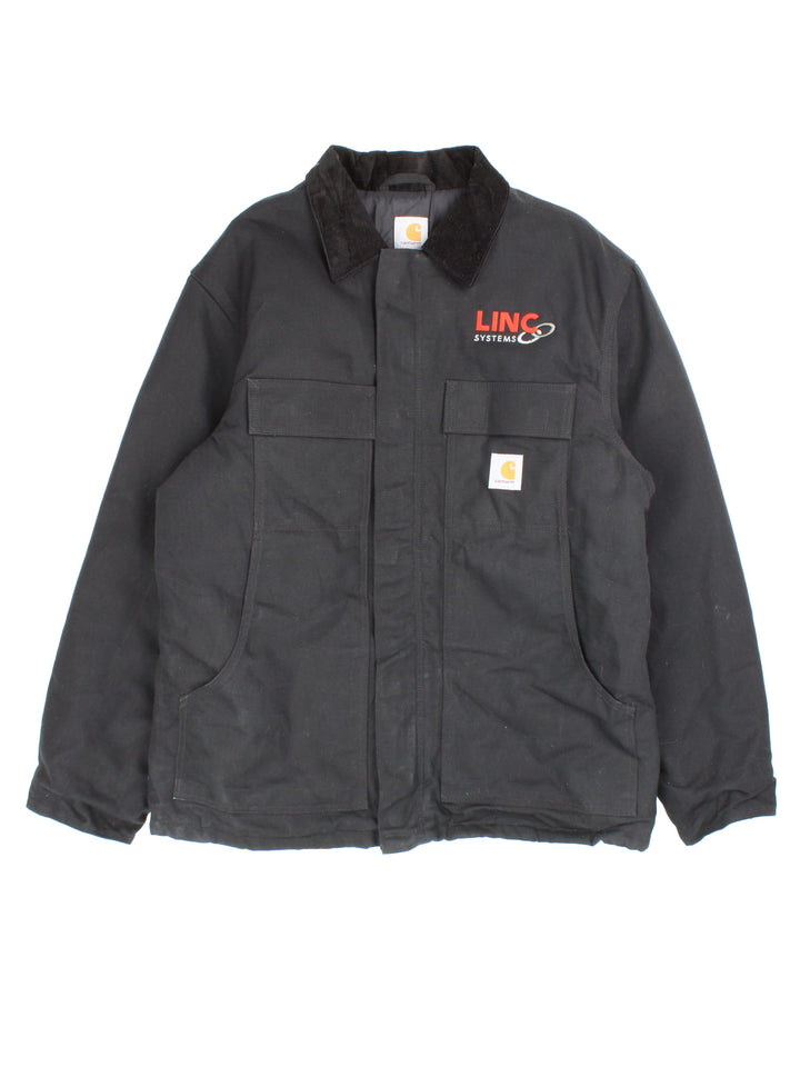 Carhartt Arctic Jacket in a black colourway. Zips up and has multiple pockets, insulated with a quilted lining, and has the logos embroidered on the front.