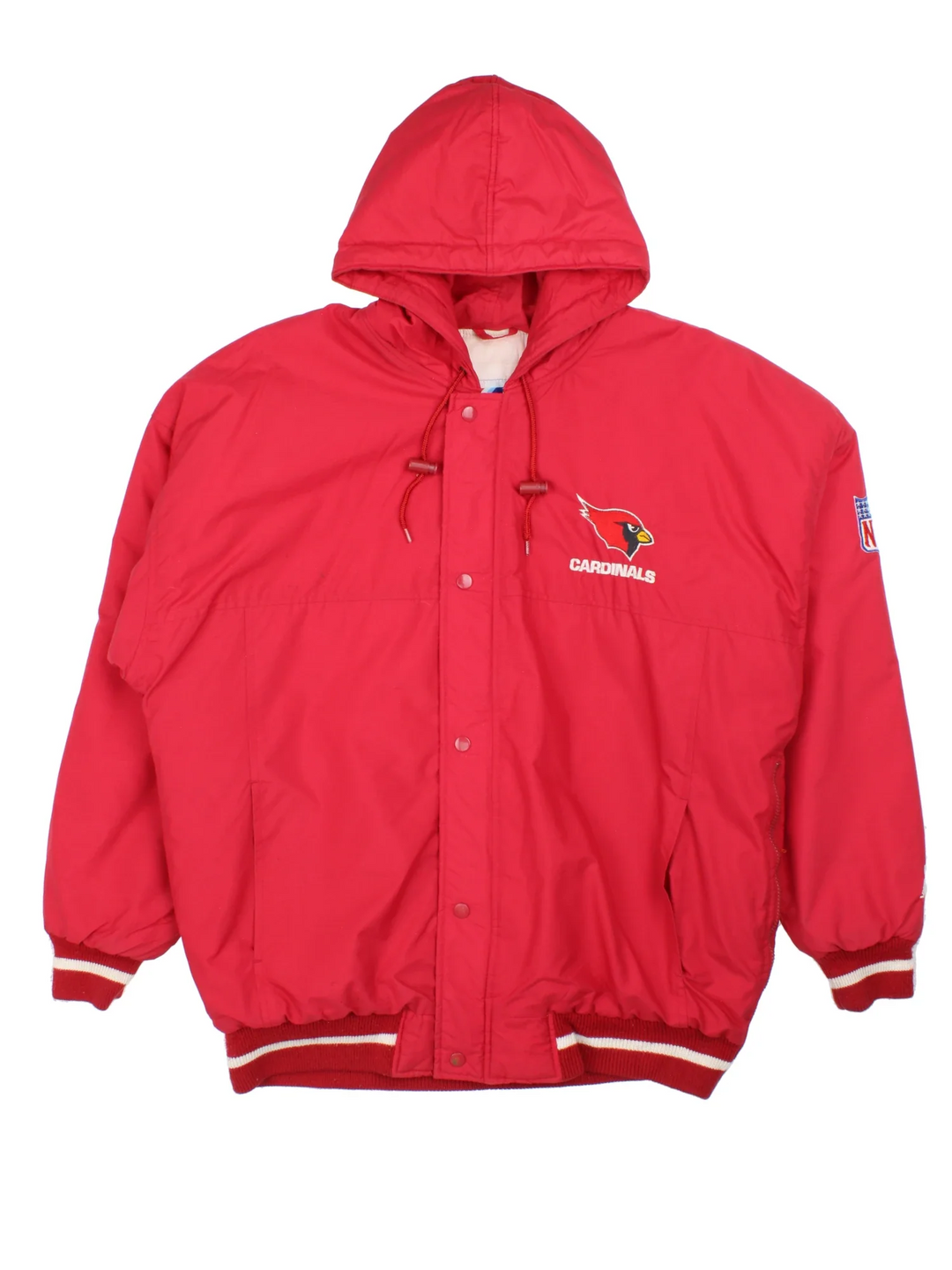 Arizona Cardinals NFL Starter Jacket in a red colourway. Full zip and button up front, drawstring hood and multiple pockets, small logo on the front and large text logo across the back.