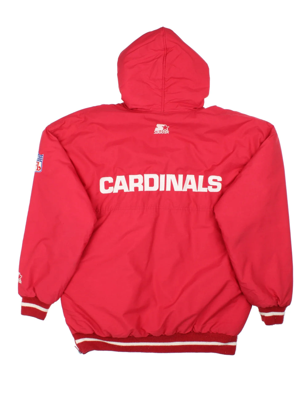 Arizona Cardinals NFL Starter Jacket in a red colourway. Full zip and button up front, drawstring hood and multiple pockets, small logo on the front and large text logo across the back.