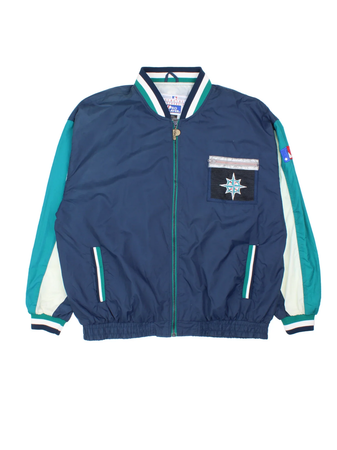 Vintage Seattle Mariners MLB Pro Player Varsity Jacket in a blue colourway contrasting sleeves and white panelling. Full zip and button up front,multiple pockets, small logo on the front and large text logo across the back.