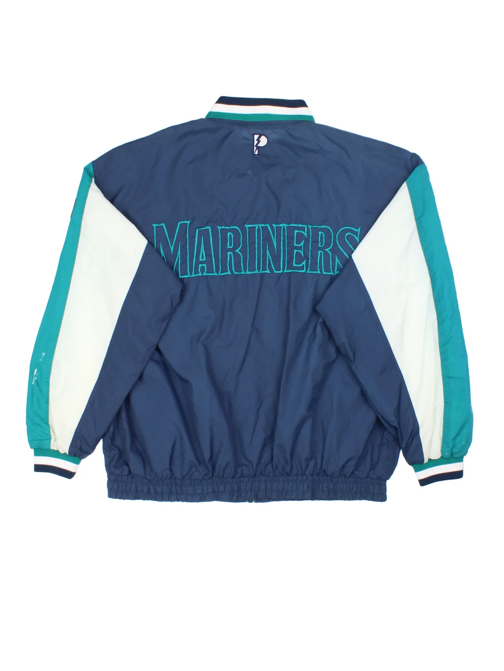 Vintage Seattle Mariners MLB Pro Player Varsity Jacket in a blue colourway contrasting sleeves and white panelling. Full zip and button up front,multiple pockets, small logo on the front and large text logo across the back.