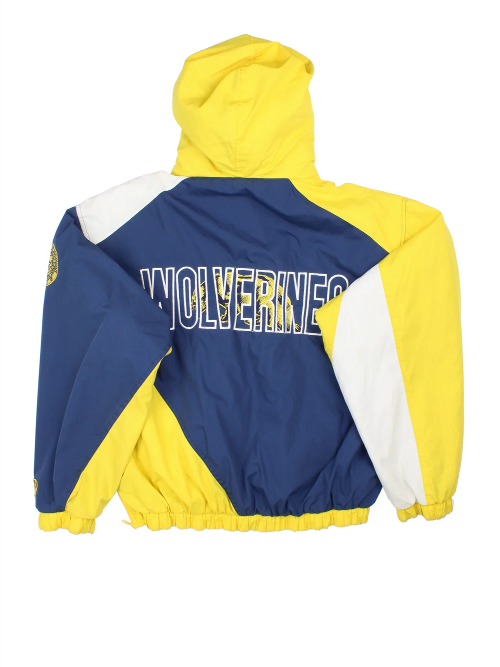 Michigan Wolverines Pro Player College Jacket in a blue colourway with yellow and white panelling. Full zip up, drawstring hood and team logo on the front. Larger text logo across the back.