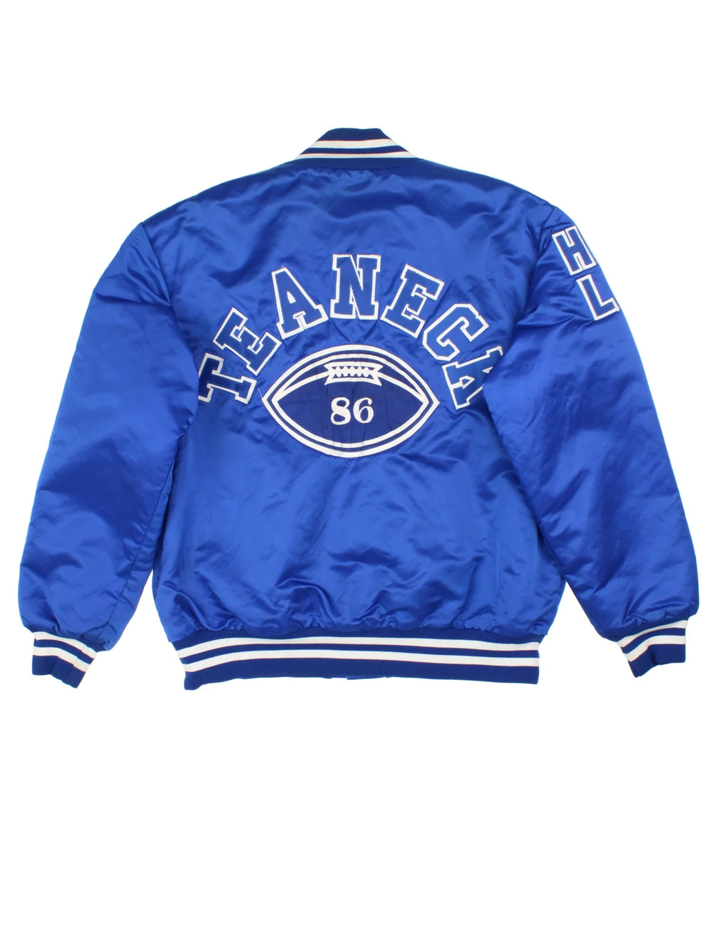 Vintage College Sports Varsity Jacket in a blue colourway with white detailing. Full button up, team logo on the front and larger graphic logo across the back.