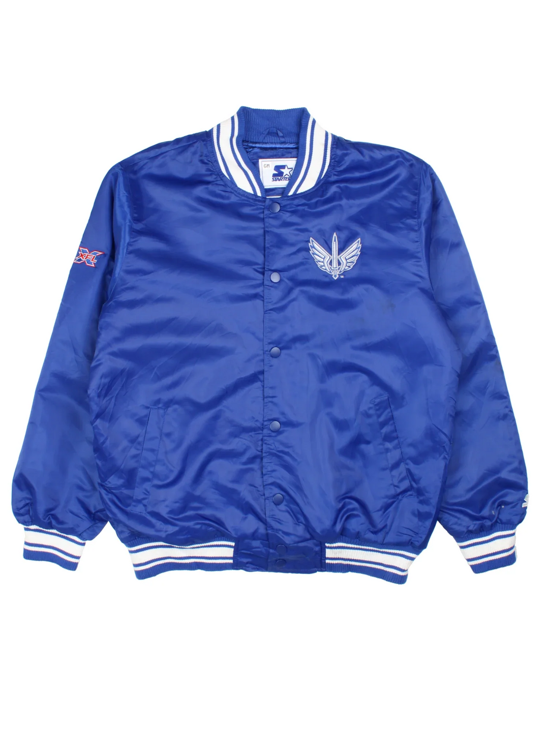 St. Louis Battlehawks Starter Varsity Jacket in a blue colourway with white detailing. Full button up front, multiple pockets, small logo on the front and larger text logo across the back.