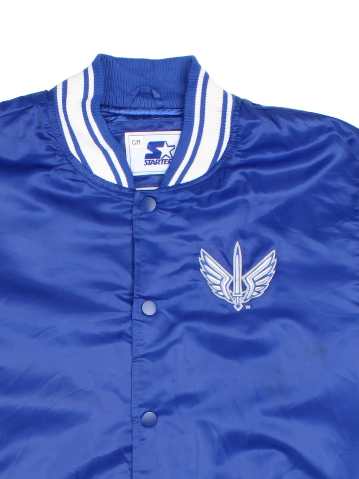 St. Louis Battlehawks Starter Varsity Jacket in a blue colourway with white detailing. Full button up front, multiple pockets, small logo on the front and larger text logo across the back.