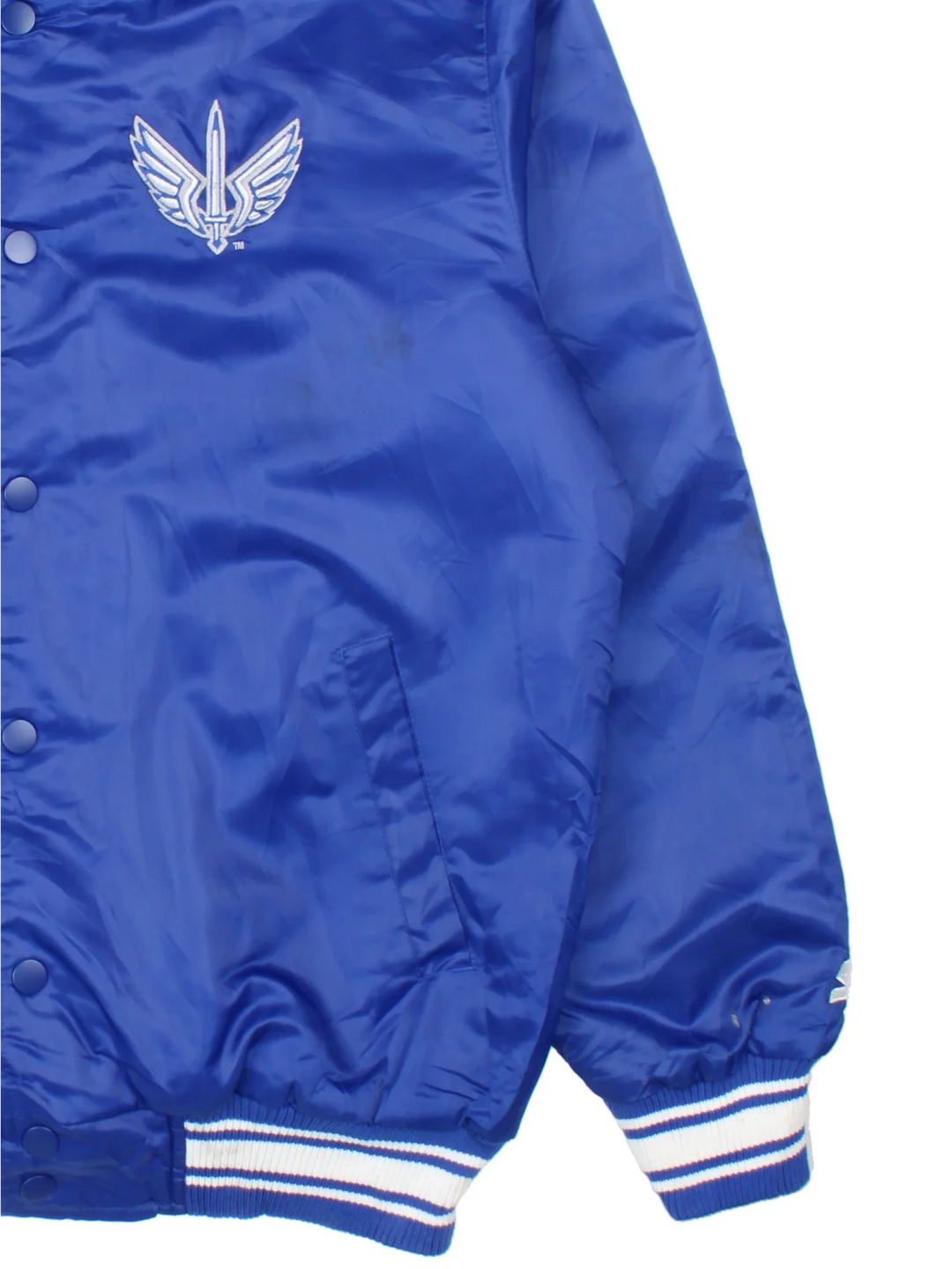 St. Louis Battlehawks Starter Varsity Jacket in a blue colourway with white detailing. Full button up front, multiple pockets, small logo on the front and larger text logo across the back.